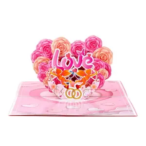 New Pink Rose Heart LOVE 3D Greeting Card – Creative & Elegant Valentine’s Day Design, Wedding Invitation