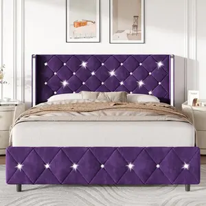 Twin/ Full/ Queen    Diamond Headboard And Footboard, Upholstered Platform    Wingback Headboard, Velvet  Modern  , Wood Slat Support, Easy Assembly, Black/Pink/White, Twin/ Full/ Queen/ King bed Frame with Size Gingham Daybed Trundle