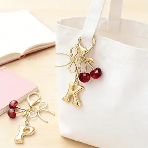 1Pcs Bubble Initial Keychain with Bow & Cherry - Gold Letter Bag Charms for Women, Cute Purse Handbag Backpack Accessories for Women Friends Family Birthday Gift, keychains for women, keychain for car keys Bag Decoration