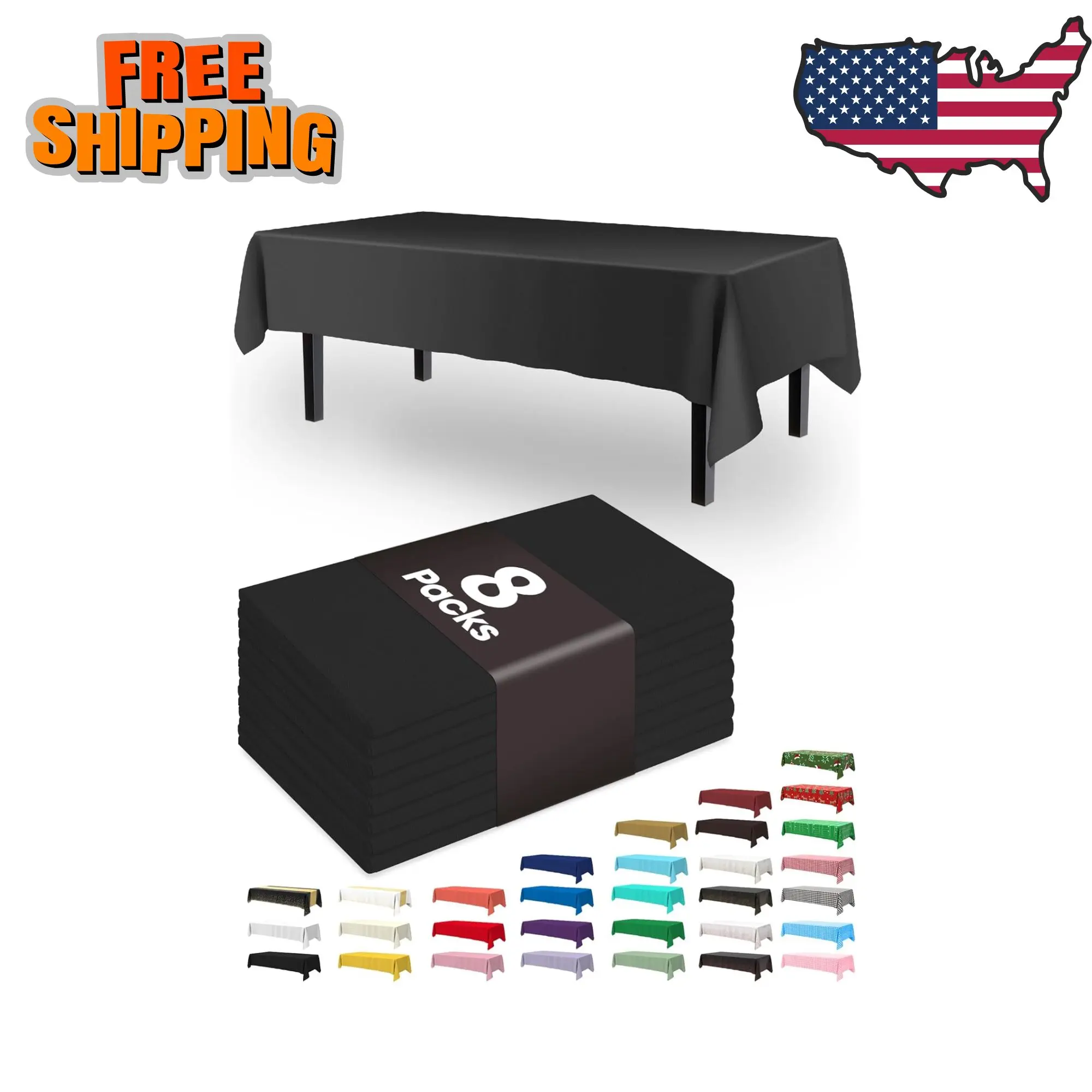 Plastic Table Cloth Disposable 8 Pack, 54 x 108 Inch, Black