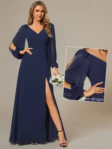 Ever-Pretty 2026 Holiday Dress with Side Slit & Elegant Sleeves Valentine dress Design Women's Fashion,Women's V Neck Long Sleeves Floor Length  Chiffon Formal Dress,Mother dress, 80116 Formal dress Womenswear