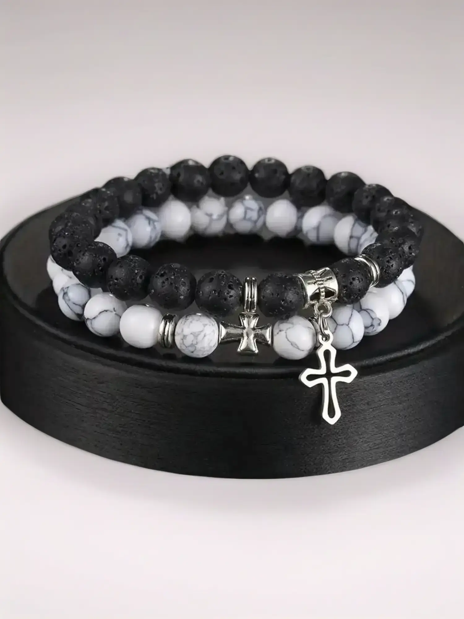 Stone & Cross Charm Decor Beaded Bracelets Set, Fashionable Faith Wear Jewelry for Women & Men, Trendy All-match & Exquisite Jewelry for Birthday Gift