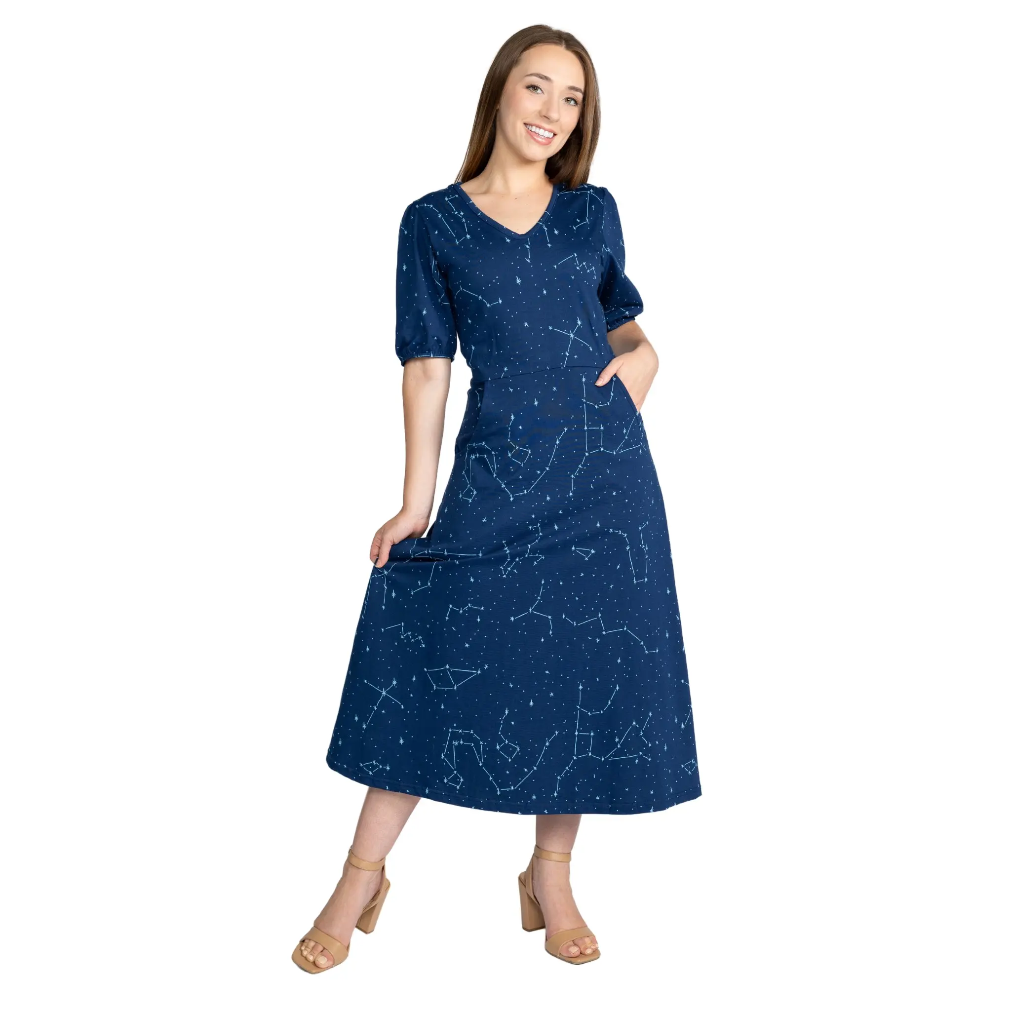 Constellations Glow-in-the-Dark Navy Long Midi Dress with Pockets