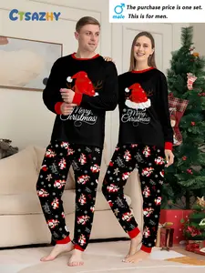 Couple Christmas long-sleeved trousers loungewear pajamas set, Christmas hat Santa Claus and Christmas elk combination print elements, Christmas set, crew neck design, men's or women's, single set
