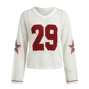 Women's Crochet Knit Football Jersey Sweater - Oversized Long Sleeve Mesh V-Neck Pullover with Number 29 Print and Star Graphics, Casual Harajuku Y2K Aesthetic Top