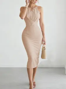 Women's Spring Autumn Dress, Pure Color Round Neck Sleeveless Fine Strap, Elegant Chic Minimalist Bodycon Formal Party Dress, Perfect for Gatherings, Formal Wear
