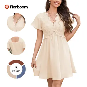 Florboom Women's Floral Lace Boho Deep V Neck Mini Dress Flutter Short Sleeve A-Line Flowy Dresses Perfect for Family Pictures,Wedding Guest, Bride, Baby Shower, Easter, Church