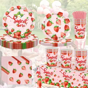 133 strawberry plates, breakable tableware set, microwave and dishwasher washable, reusable tableware, pink set with 16 plates, 16 bowls, 16 cups, 20 tissues, 1 tablecloth and 16 knives, forks and spoons respectively - suitable for camping and daily use