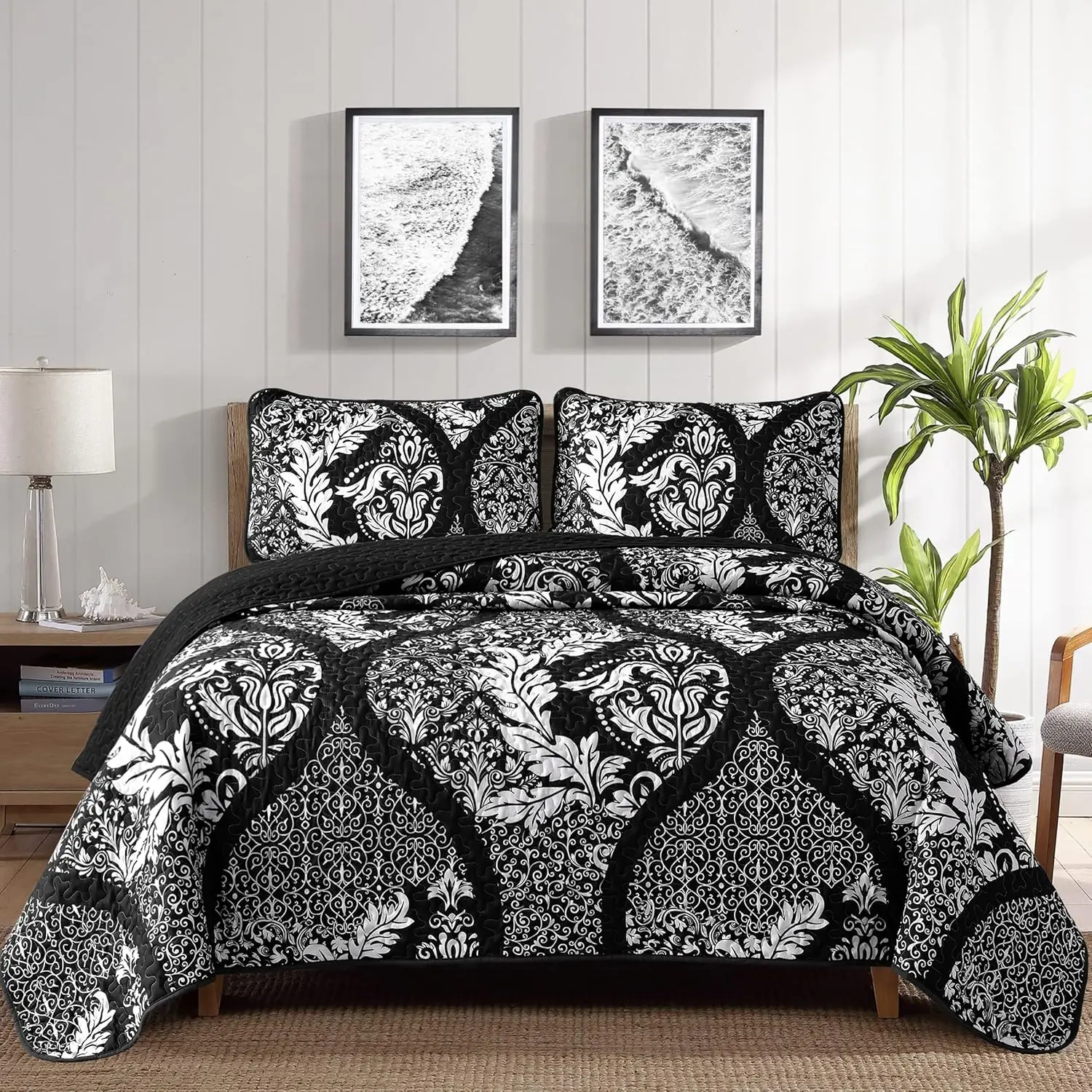Black Quilt Set  Size, Boho Damask Bedspread Coverlet Set Soft Lightweight Microfiber Bedding Set 3 count for All Season (104"x90")