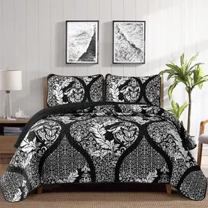Black Quilt Set  Size, Boho Damask Bedspread Coverlet Set Soft Lightweight Microfiber Bedding Set 3 count for All Season (104"x90")