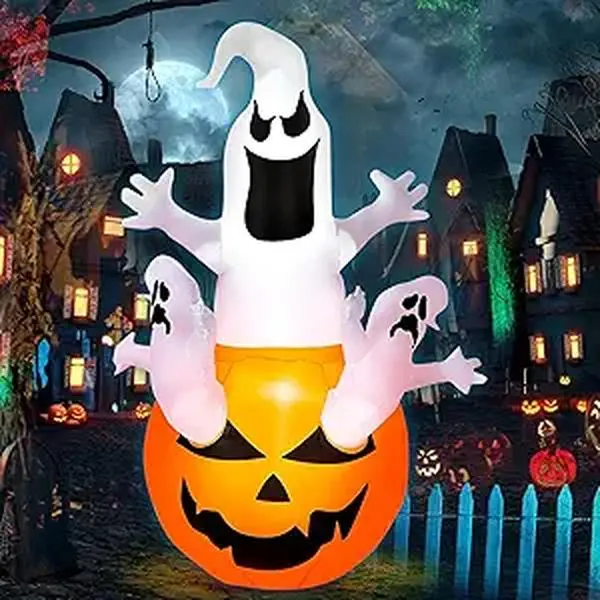 6ft Halloween Inflatable, 3 Ghosts Emerging From Giant Pumpkin, Blow Up Yard Decor with Built-in Bright LEDs, Spooky Outdoor Holiday Ornament for Garden Lawn Patio Party