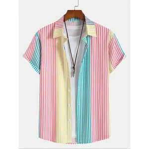Men's colorful striped printed button up front shirt, summer short sleeved collar top, fashionable men's daily wear, button up shirtRAIMENTRY