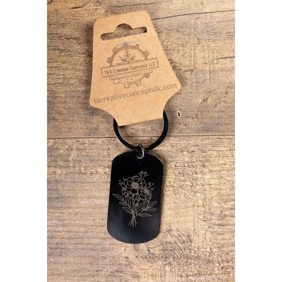 Black Floral Keychain - Laser Engraved Stainless Steel | Durable Everyday Carry