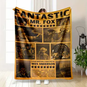Cool Fantastic Mr. Fox Blanket Wes Anderson Movie Poster Print Soft Flannel Fleece Throw Vintage Orange Aesthetic Pattern Gift For Cinephile summerwins