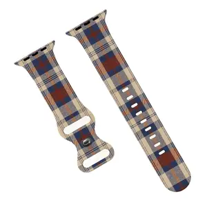 Beige Blue Brown Plaid Apple Watch Band for Women Men, Soft Silicone Sweat Resistant Easy to Clean Vintage Checkered Strap Compatible with Apple Watch Series 4/5/6/7/8/9/10, SE1/2, Ultra1/2/3, Casual Office Wristband Gift