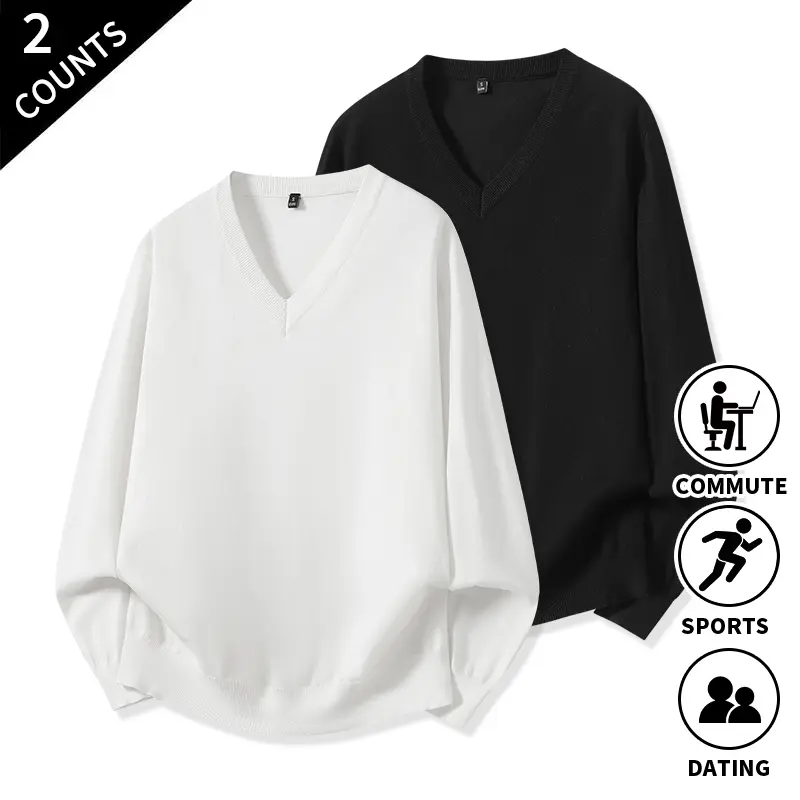 Men's 2-Pack Plain Knit Pullover Sweaters - Classic Stylish Casual Long-Sleeve V-Neck, Ribbed Edges, Polyester Menswear Knitwear Set, Suitable for Commuting, Everyday Wear