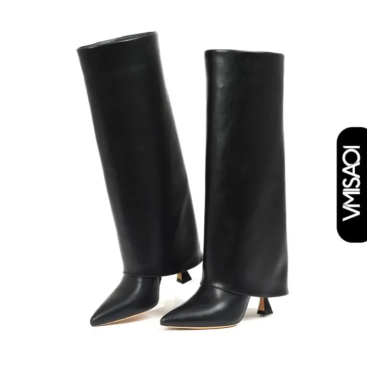 Women Knee High Boots Fold Over Pointed Toe Stiletto High Heel Elegant Minimalist Chic Classic Eropean Style Comfortable Breathable Quiet Luxury Office Business Casual Date Party Wedding Guest Holiday Vacation Streetwear Brunch Modern Tall Boots