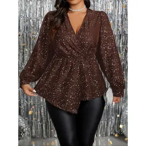 Plus Size Women's Fashion Sequin V Neck Top, Long Sleeve Waist Cinching Irregular Hem, Soft Comfortable Party Wear