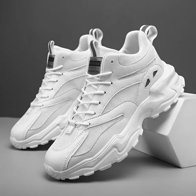 Men's High-Top Lace-Up Mesh Breathable Chunky Walking Shoes - PU Leather Sequins Casual Trainers, Thick Sole Sports Shoes for Everyday All-Season Wear
