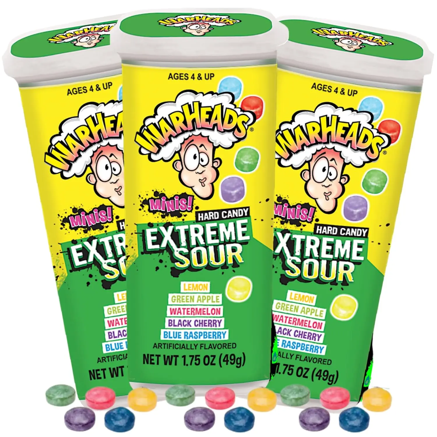 Sweetzo Warheads Minis Extreme Sour Hard Candy, Assorted Fruit Flavors, 1.75 oz Pack of 3, Individually Wrapped Fruity Sour Candy Snack