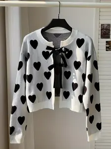 Elegant Women's Knit Sweater, Bowknot Pullover, Heart Embroidery, Valentine's Day Gift, All-Season Wear, Daily Fashion