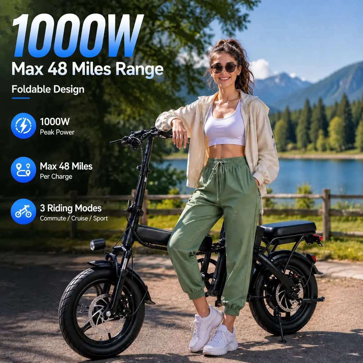14" Foldable City Electric Bicycle for Urban Commutes, 1000W Motor, 25+ mi Range, Dual Disc Brakes, 7-Speed, Detachable Battery, Compact Fold for E-Biking, Leisure Sports & Outdoor Cycling Bikes gravel rear removable lithium mountain parts
