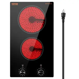 VEVOR Electric Cooktop, TikTokShopBlackFriday, 12 inch 2 Burners Built-in Electric Stove Top, 1800W Ceramic Top Radiant Cooktop, with Glass Panel, Knob Control, 11 Heat Levels, 120V, for Diverse Cooking Requirements