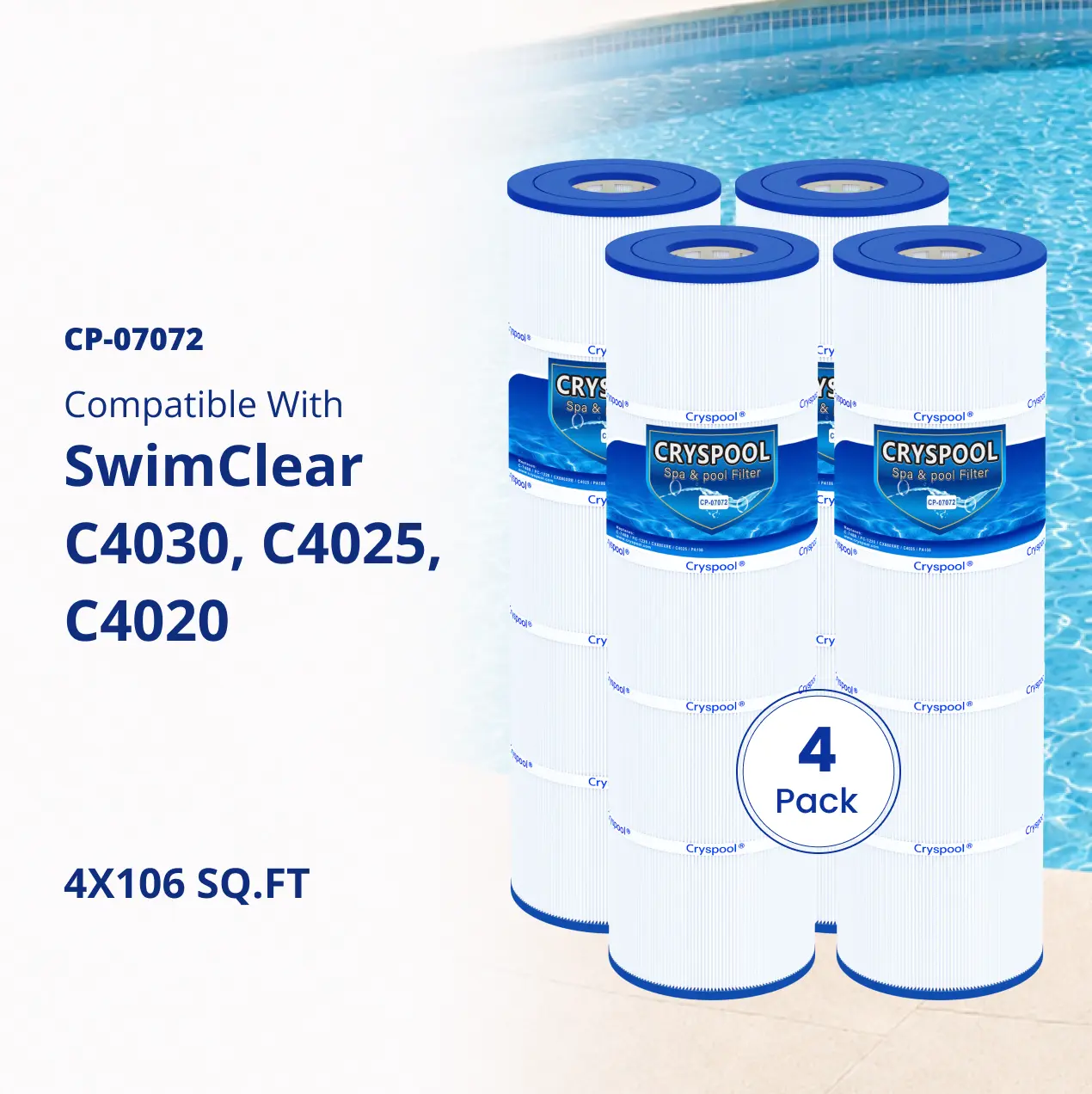 C4030 Filter Compatible with Hayward SwimClear C4030, C4020, C4025, Replacement For CX880XRE, Pleatco PA106-PAK4, Filbur FC-1226, Unicel C-7488, 4x106 Sq.ft, Cryspool Pool Filter Cartridge, Swimming Pool Accessories, 4 Pack