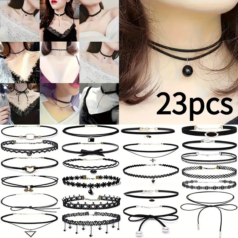 23Pcs/Set Vintage Gothic Bow Black Lace Choker Set | Lolita Detachable Collar & Minimalist DIY Jewelry Combo | Perfect for Party, Banquet & Celebration