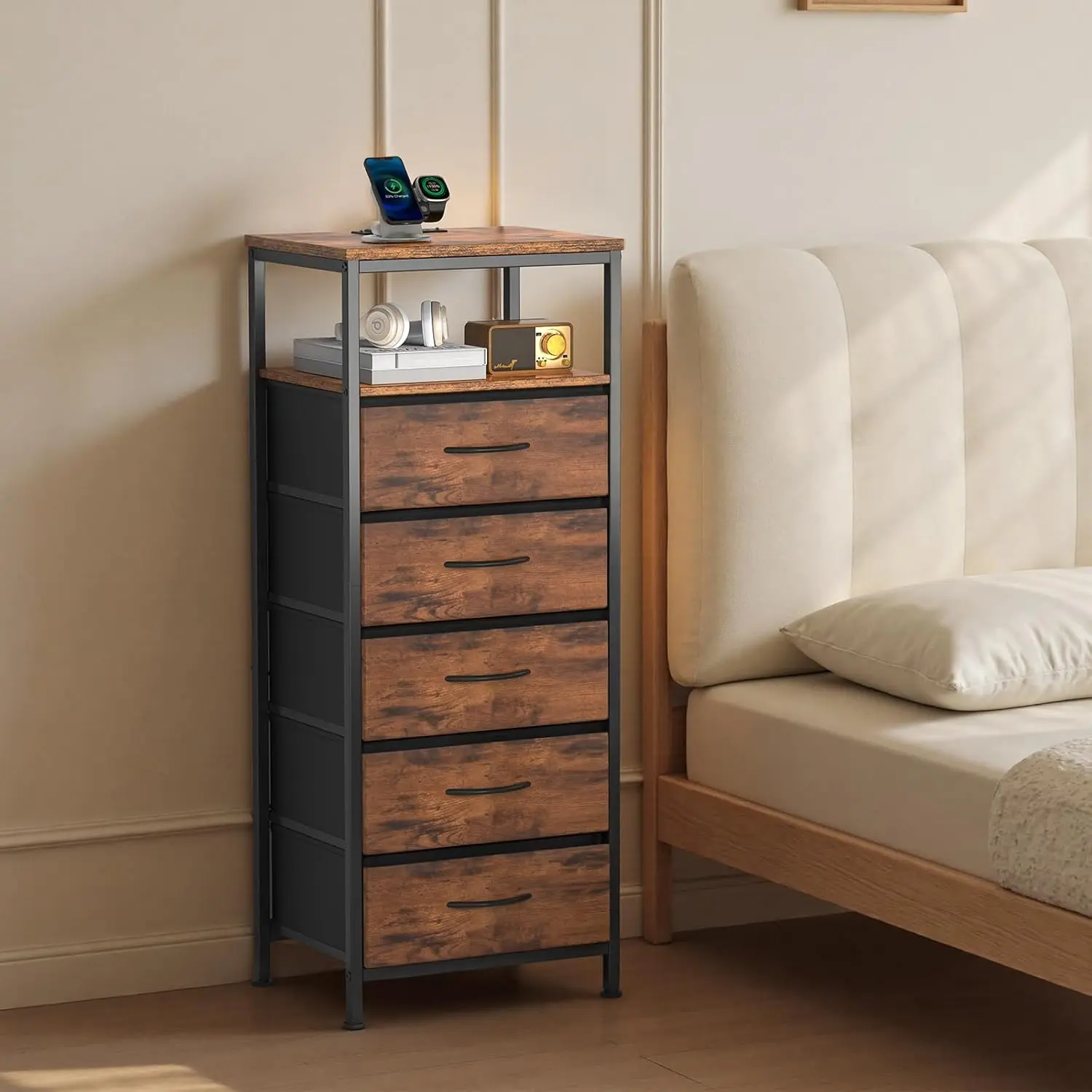  5-Drawer Charging Nightstand with LED Light Strip | Ultimate Bedside Organizer with AC Outlets & USB/Type-C Ports, 2 Color Options