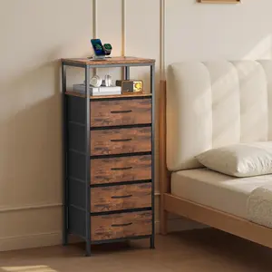  5-Drawer Charging Nightstand with LED Light Strip | Ultimate Bedside Organizer with AC Outlets & USB/Type-C Ports, 2 Color Options