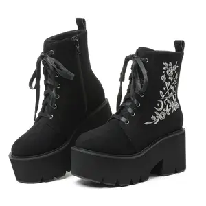 VIMISAOI Platform Ankle Boots For Women Round Toe Chunky Block High Heel Lace Up Zipper Embroidered Goth Combat Fashion Punk Rave Date Party Concert Dress Jennifers Body Boots Trendy Shoes