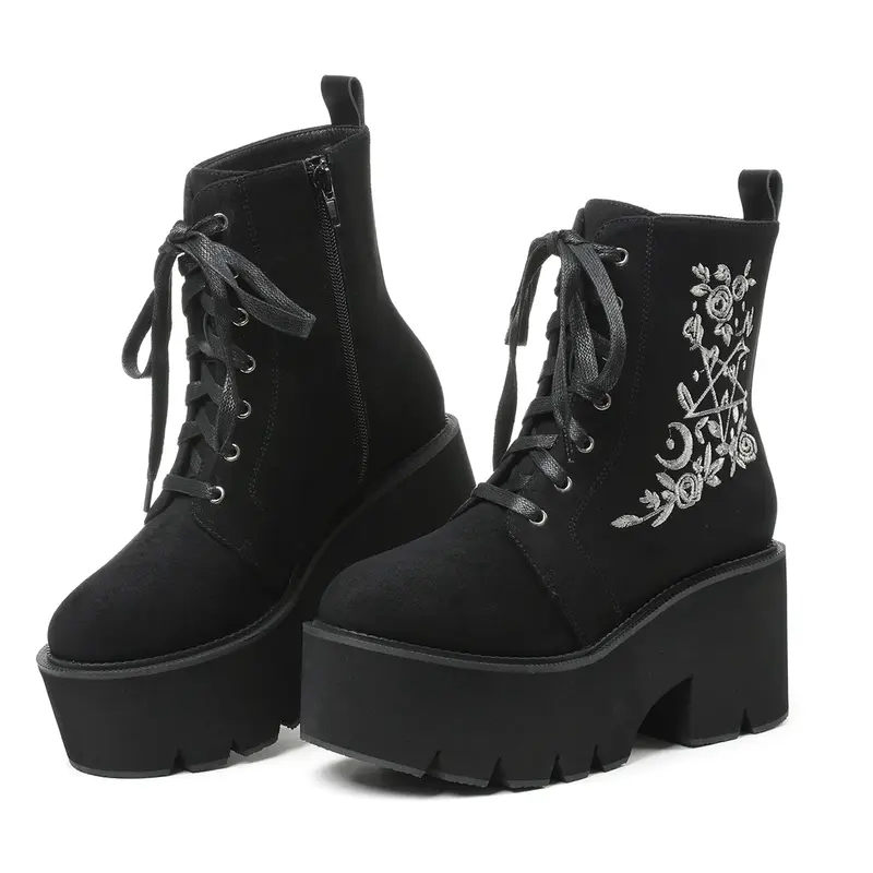 VIMISAOI Platform Ankle Boots For Women Round Toe Chunky Block High Heel Lace Up Zipper Embroidered Goth Combat Fashion Punk Rave Date Party Concert Dress Jennifers Body Boots Trendy Shoes Black F