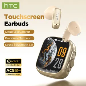 HTC NE72 touchscreen wireless earbuds with smart display, Bluetooth 6.0 headphones, panoramic surround sound, cloud-like comfort earphones for music, calls, and everyday use Noise-Canceling