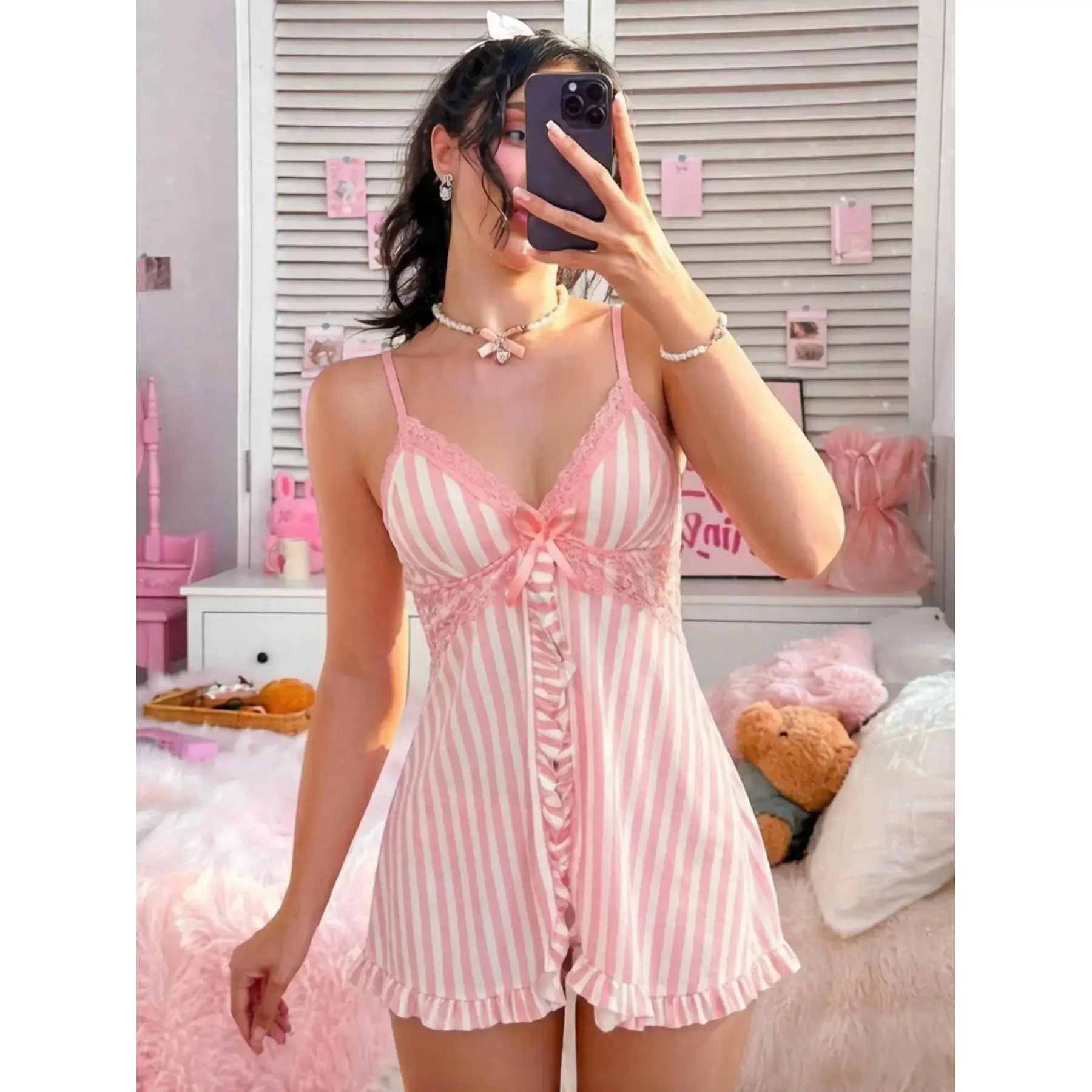 Women's Stripe Sleeveless Spaghetti Strap Sexy Lingerie Set with Mesh Robe, Cute Lady's Home-Hotel Wear, Ideal Valentine's Day Gift, Comfortable & Stylish, Nightwear