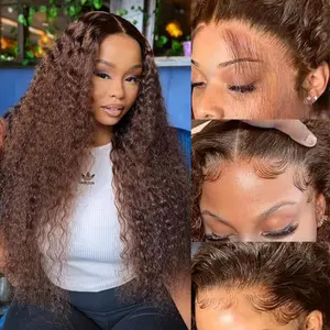 Chocolate Brown Deep Wave 13x6 HD Transparent Lace Front Wigs Brazilian Deep Curly Human Hair Wigs for Black Women Pre Plucked with Baby Hair 180% Denisty Natural Hairline