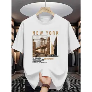 Men's Short-Sleeve Cotton Streetwear Top, Brooklyn Bridge & Statue of Liberty Print, Premium Durable Fabric, Casual Sports & Outdoor T-Shirt