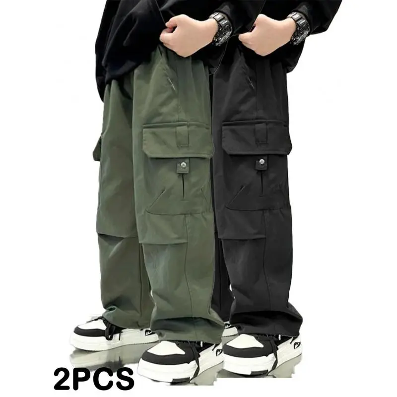 Boys' 2-Pack Plain Polyester Cargo Joggers - Loose Fit, Elastic Waist, Multi Pockets, Long Pants, Machine Washable, Suitable for Ages 3+