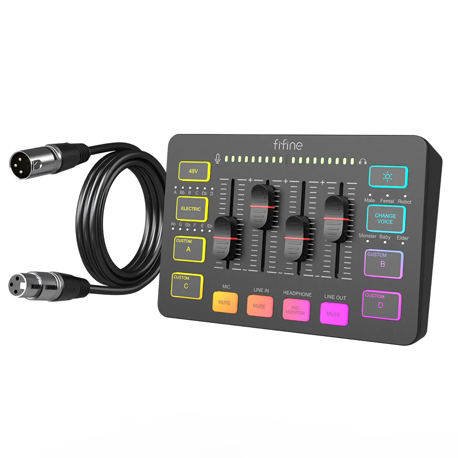 FIFINE Gaming Audio Mixer with XLR Cable Bundle, Streaming RGB PC Mixer with Microphone Cable, XLR Interface, Volume Faders, Mute Button, Computer Mic