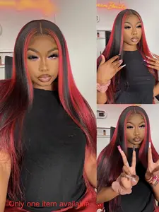 13X4 Ombre Red Highlights Lace Front Wig, Glueless Frontal Wig, Long Straight Synthetic Hair Wigs 28 Inch Free Part 180 Density Heat Resistant Straight Hair Wigs Pre-Plucked Adjustable Medium Cap Wig For Women Party & Daily Wear