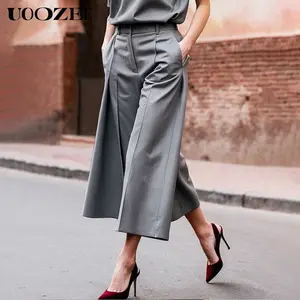 UOOZEE Women's Pockets Solid Color Loose Wide-leg Trousers Ninth Pants, Autumn New Style Elegant Commuting Casual Rear Elastic Wide-leg Cropped Trousers(Smaller Hip Fit - Check Size Guide or Order One Size Larger)