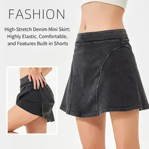 Women's High Stretch Knit Denim Skirt, High Waist A-Line Skort with Built-in Shorts, Breathable Athletic Mini Skirt