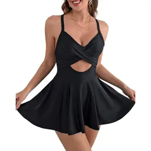 Women Cutout One Piece Skirt Swimsuit V Neck Wrap Tie Back Swimdress Tummy Control Bathing Suits High Rise Swimwear High Waist Swimwsuit SummerVibes