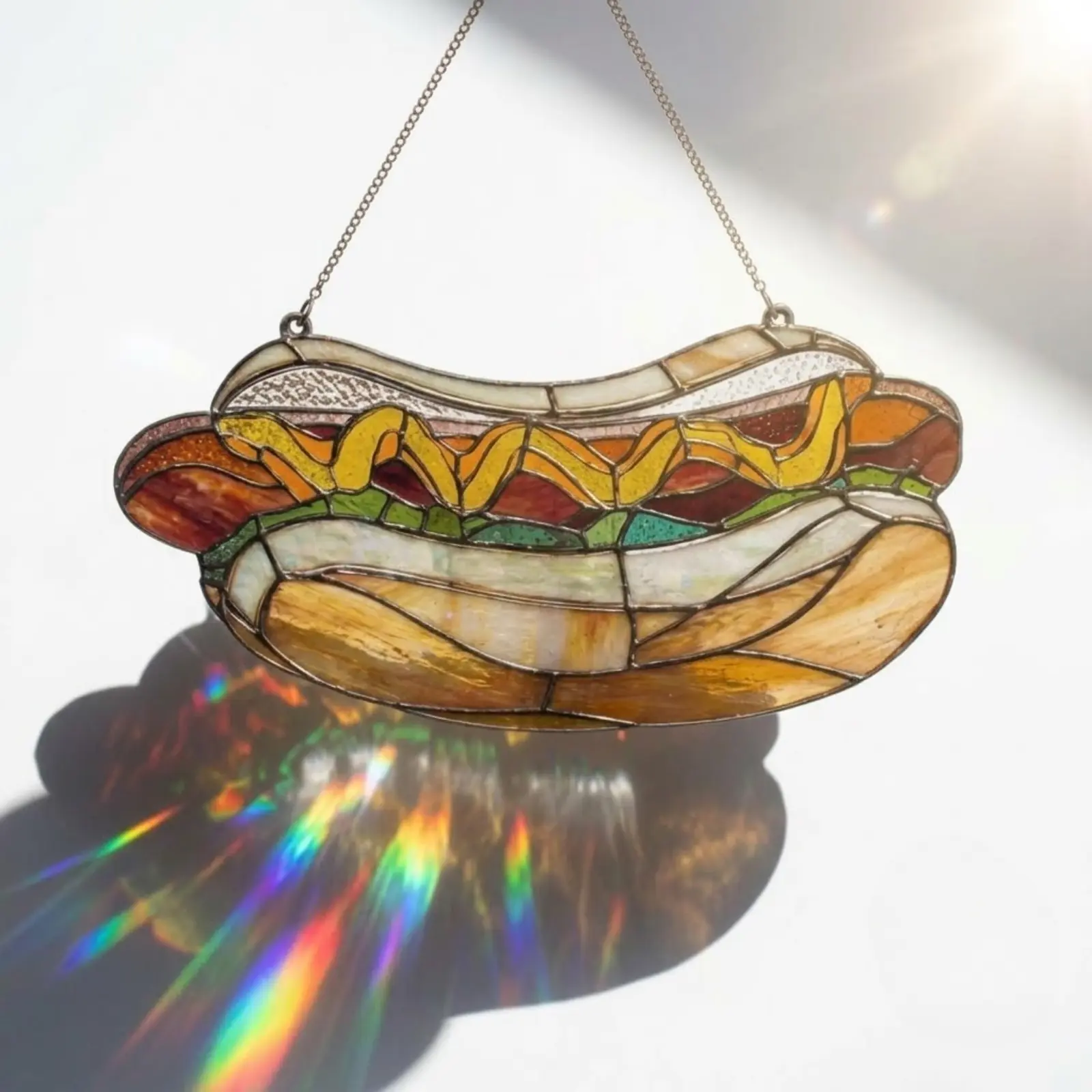 Hot Dog GLASS Suncatcher, Surprise Gifts, Fun Food Window Hanging Ornament, Colorful Stained Glass Kitchen Decor, Funny Home Decor For Mom, Dad, Friends, Unique Gift for Food Lovers, Hologram Hot Dog SunCatcher, Cute Meme Fast Food Art Gift, Halloween