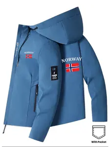 Men's Norway Logo Print Hooded Jacket, High-Quality Spring/autumn Motorcycle Style Outdoor Coat, Zip Pocket, Adjustable Drawstring, Reinforced Seams