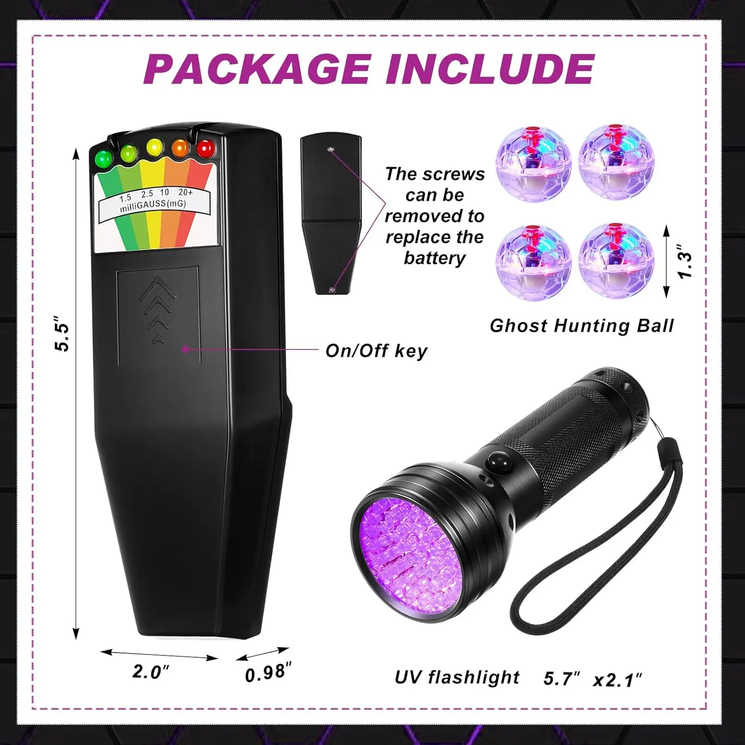 6 Pcs Ghost Hunting Equipment Kit Include 1 Emf Meter 1 UV Flashlight and 4 LED Light up Pet Cat Ball Ghost Investigation Paranormal Equipment for Home Office Inspections Gifts(Strong Light)D24AutoPartsGo