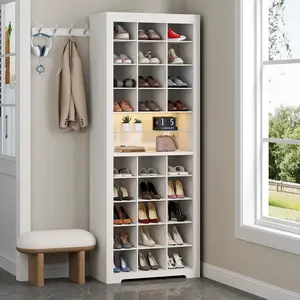 11-Tier Shoe Storage Cabinet, Wooden White Shoe Rack with 27 Cubbies, 69" Tall Free Standing Shoe Organizer with LED Lights & Adjustable Shelf for Entryway Footwear Organization shoe rack organizer