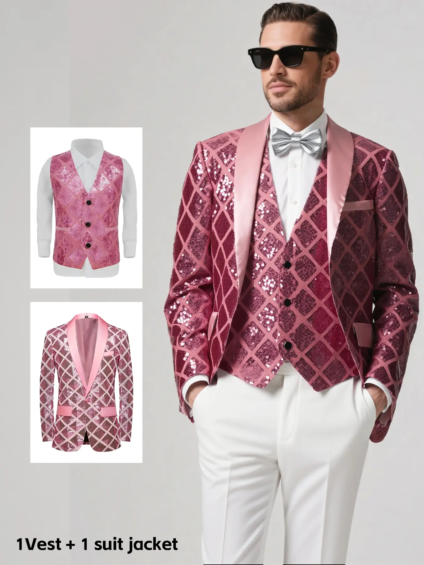 Men's Sequin Suit Set, 2-Piece Jacket & Vest, Perfect Party, Lazy Matching Ensemble, Stylish Men's Clothing