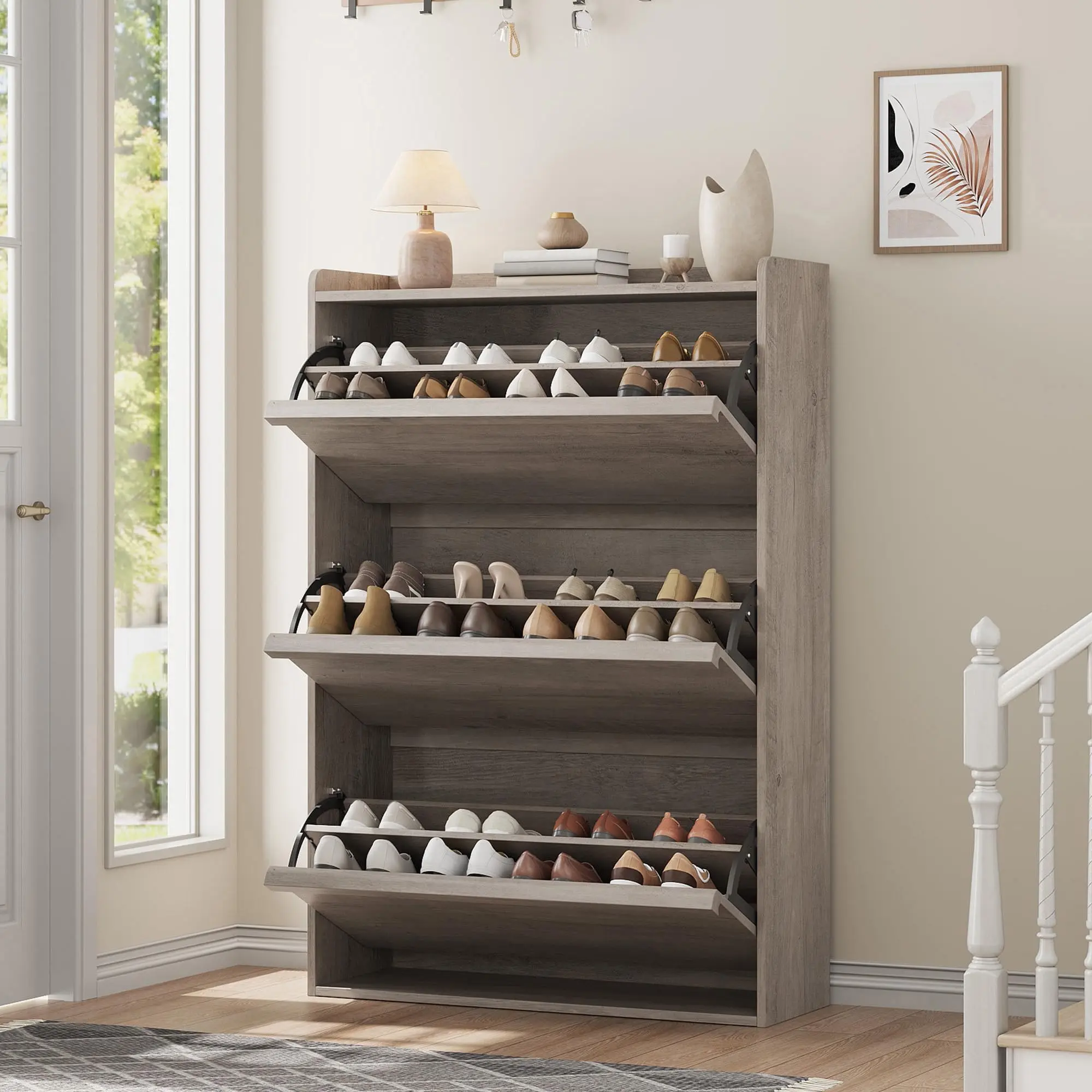 GARVEE Modern Space-Saving Shoe Cabinet – Narrow Wooden Entryway Organizer with Adjustable Turn Drawers – Hidden Shoe Rack for Hallway, Closet or Foyer – Natural Oak, Antique White, Grey