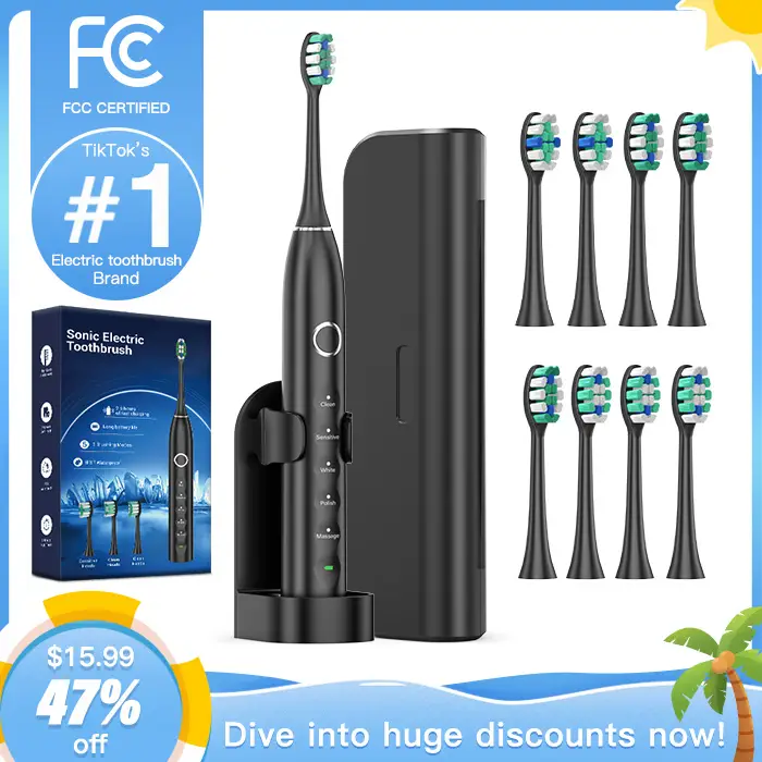 RTAUYS S5 Sonic Electric Toothbrush for Adults with 8 Replacement Brush Heads, 2.5 Hour Battery Life, 2-Minute Timer, IPX7 Waterproof, and Travel Case